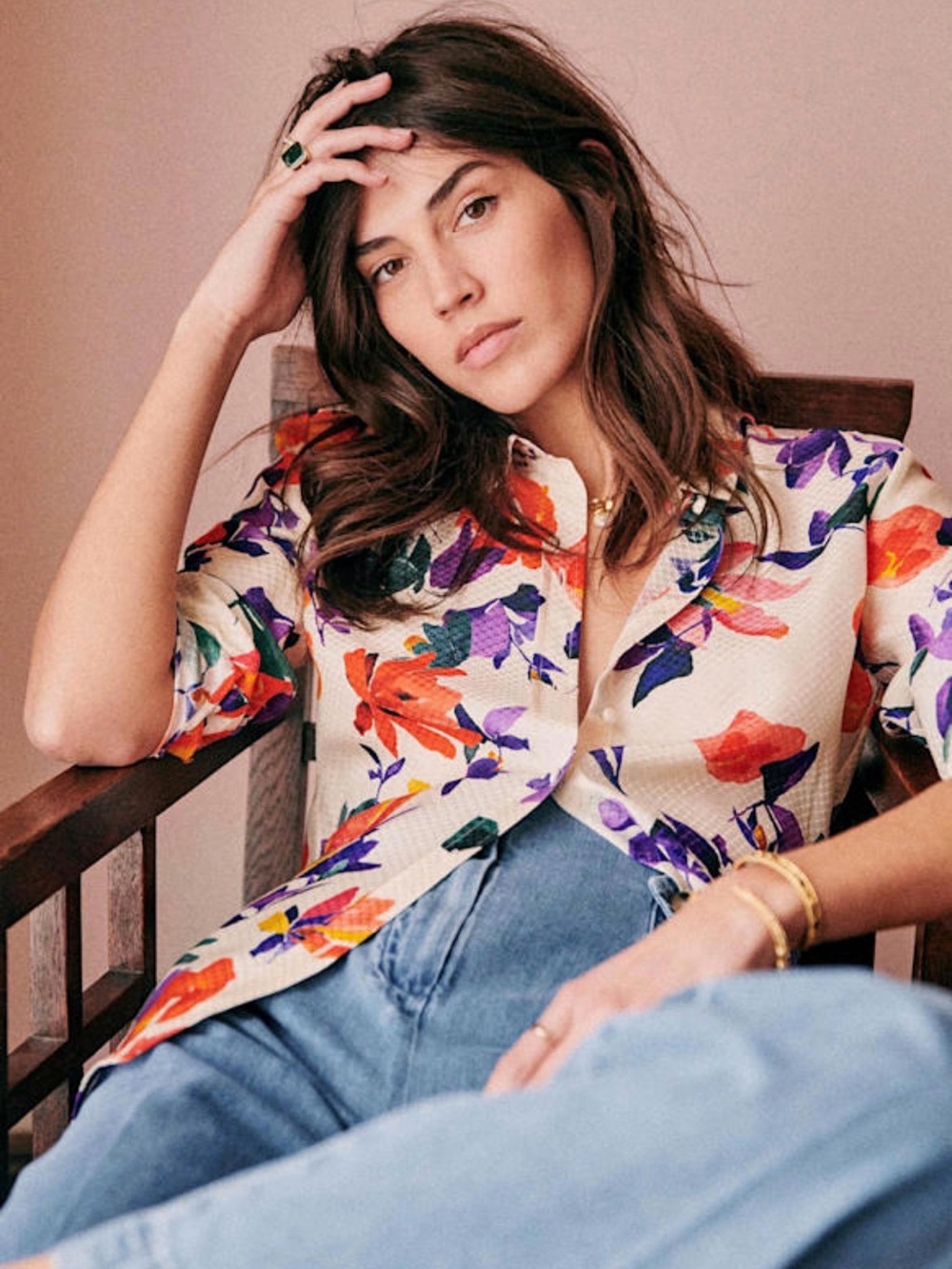 Sézane Ann Shirt Multicolor Floral 100% Silk Blouse Size 34 XS